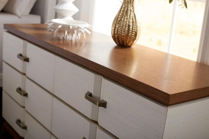 Tristan 6-Drawer - Sand White with  Sesame Finish Oak Veneer