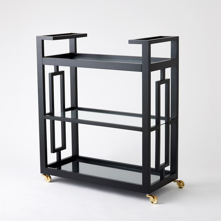 Grid Block Bar Cart-Black Lacquer with Shiny Brass Wheels