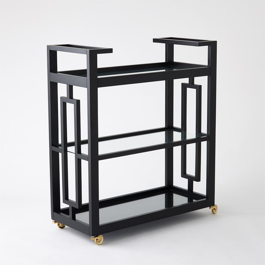 Grid Block Bar Cart-Black Lacquer with Shiny Brass Wheels
