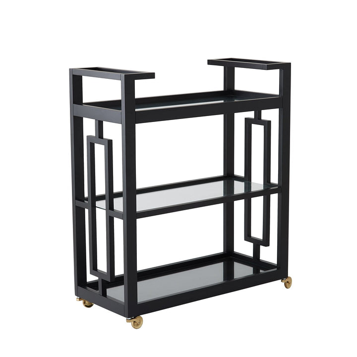Grid Block Bar Cart-Black Lacquer with Shiny Brass Wheels