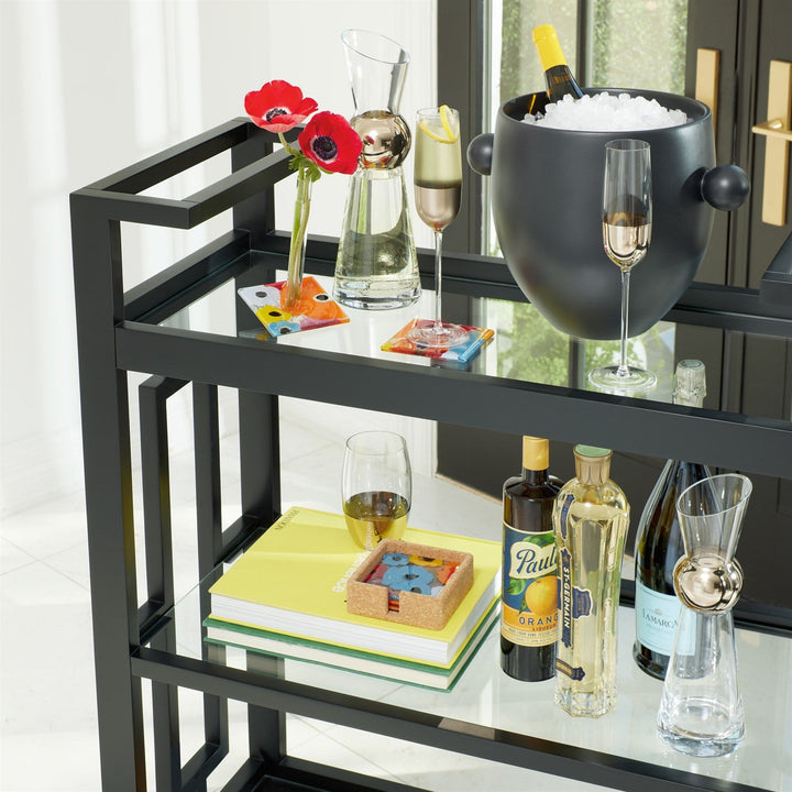 Grid Block Bar Cart-Black Lacquer with Shiny Brass Wheels
