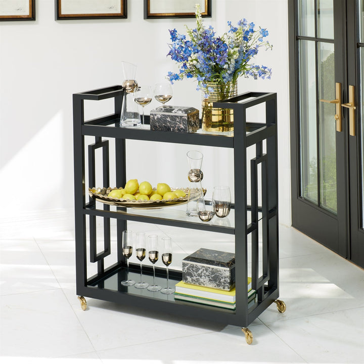 Grid Block Bar Cart-Black Lacquer with Shiny Brass Wheels