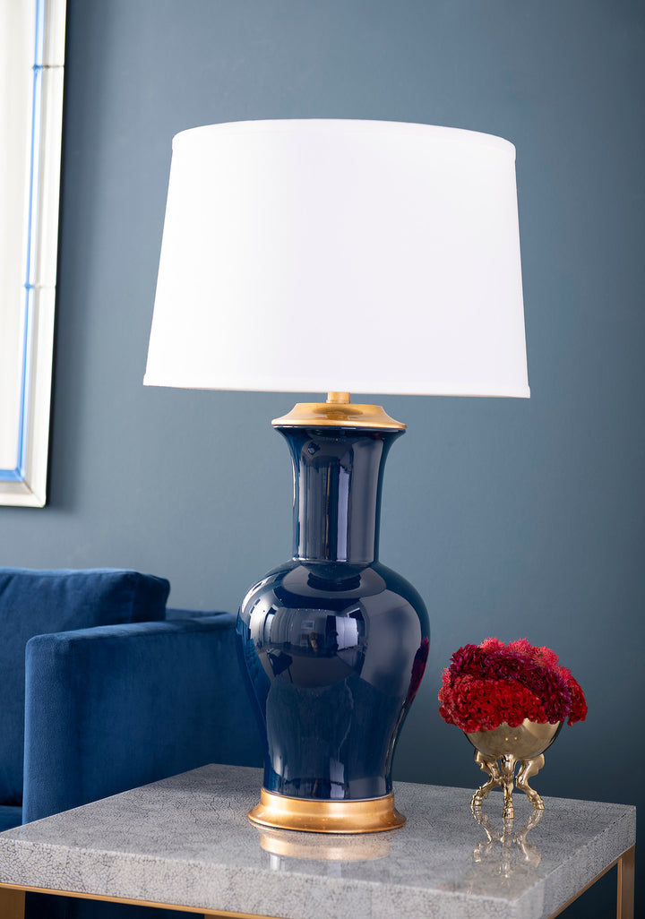 Acacia Lamp with Shade 17-inch White Linen, with Gold, Navy Blue