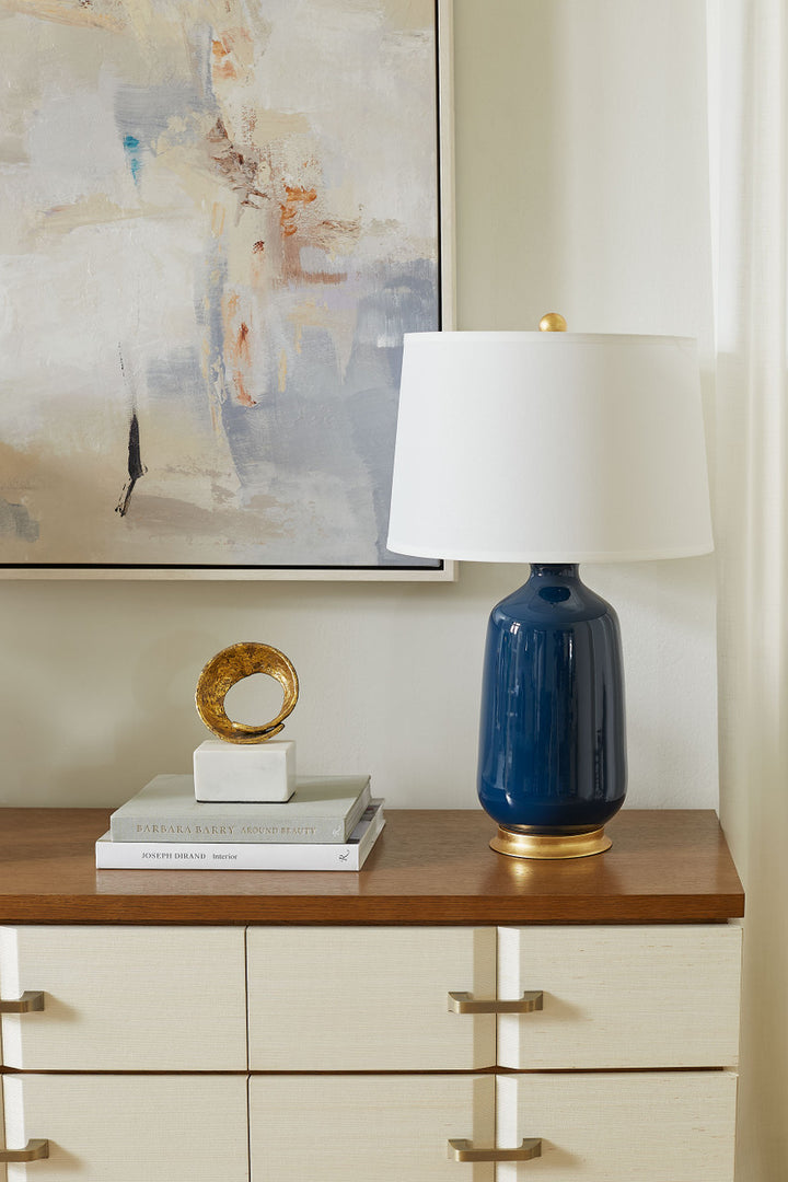 Carolyn Lamp with Shade 17-inch White Linen, with Gold, Navy Blue