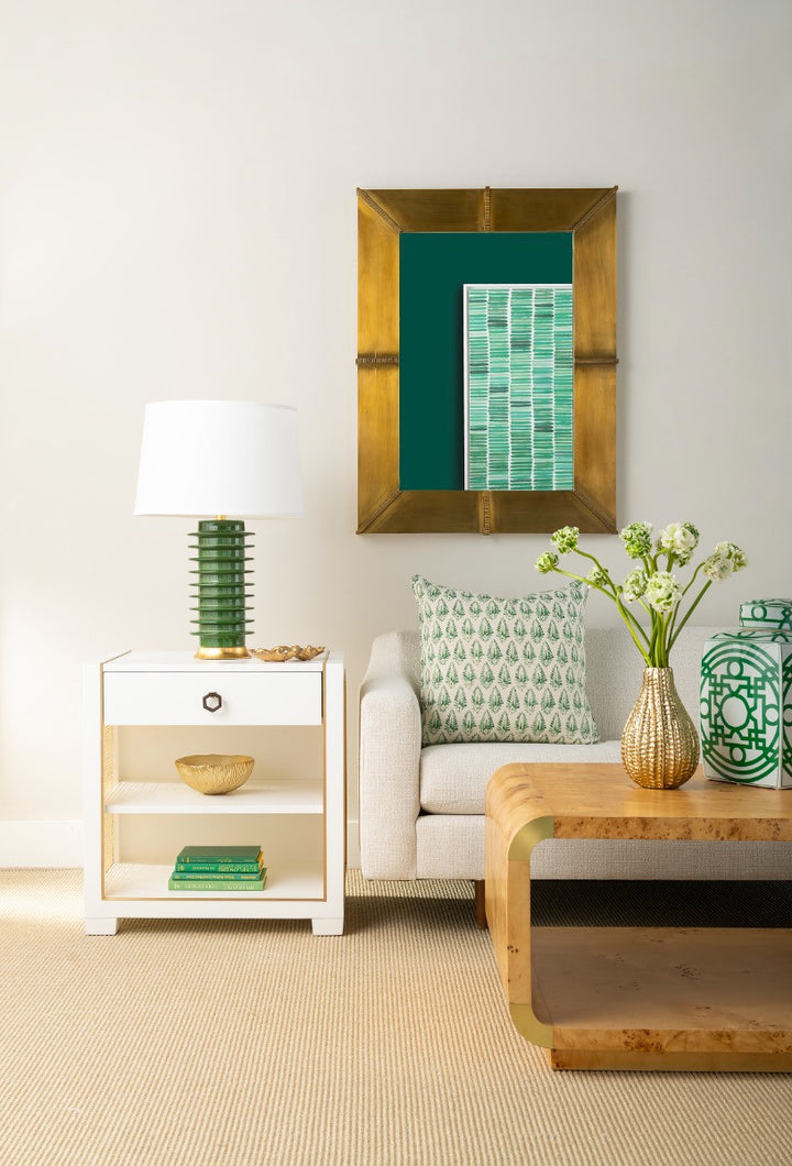 Elektra Lamp with Shade 17-inch White Linen, with Gold, Dark Green