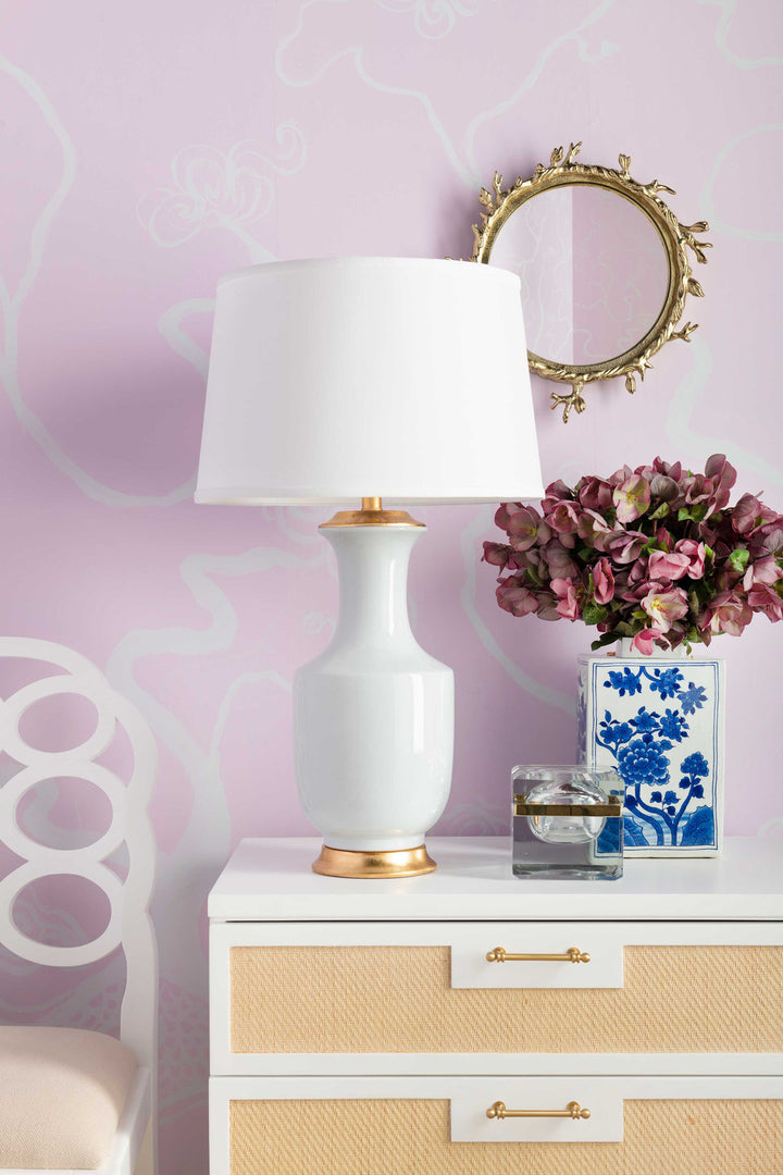 Thalia Lamp with Shade 17-inch White Linen, with Gold, White Smoke